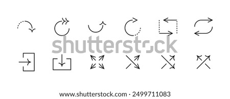 Arrow icon set. Interface arrows, direction, loop, right curved, circular arrow, collapse, expand and more. Editable stroke. Pixel Perfect. Grid base 32 x 32.