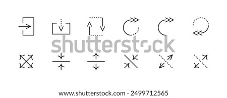 Arrow icon collection. Interface arrows, direction, navigation, right curved, circular arrow, upload, dow load, share, expand and more. Editable stroke. Pixel Perfect. Grid base 32 x 32.