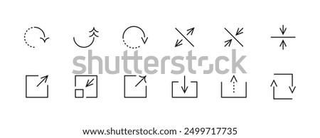 Arrow icon set. Interface arrows, collapse, share, right curved, circular arrow, upload, download, full screen, expand and more. Editable stroke. Pixel Perfect. Grid base 32 x 32.