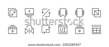 Interface icon collection. User interface icons, layout, sidebar, expand, browser, bookmark, display, gallery, reflect and more. Editable stroke. Pixel Perfect.