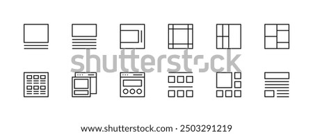 Layout and Grid icon collection. User interface icons, sidebar, layout, grid system, toolbar, wireframe, alignment guide, configuration and more. Editable stroke. Pixel Perfect.