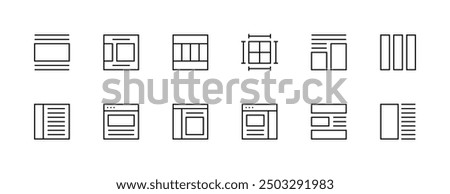 Layout and Grid icon collection. User interface icons, sidebar, layout, grid system, toolbar, wireframe, alignment guide, configuration and more. Editable stroke. Pixel Perfect.