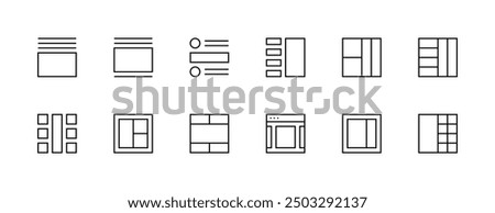 Layout and Grid icon collection. User interface icons, sidebar, layout, grid system, toolbar, wireframe, alignment guide, configuration and more. Editable stroke. Pixel Perfect.