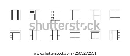 Layout and Grid icon collection. User interface icons, sidebar, layout, grid system, toolbar, wireframe, alignment guide, configuration and more. Editable stroke. Pixel Perfect.