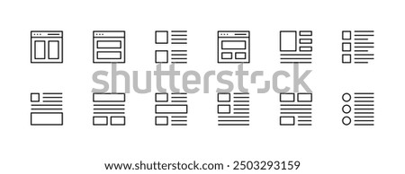 Layout and Grid icon collection. User interface icons, sidebar, layout, grid system, toolbar, wireframe, alignment guide, configuration and more. Editable stroke. Pixel Perfect.