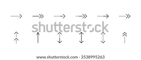 Arrow icon set. Straight arrow icons. Interface arrows, direction, navigation, send right, upward, fast forward and more. Editable stroke. Pixel Perfect. Grid base 32px.