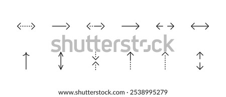 Arrow icon set. Straight arrows. Interface arrow, direction, navigation, different direction, upward, send right and more. Editable stroke. Pixel Perfect. Grid base 32px.