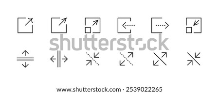 Interface arrow icon collection. Outline arrow icons. Compare, resize, divider, upload, share, download and more. Editable stroke. Pixel Perfect. Grid base 32px.