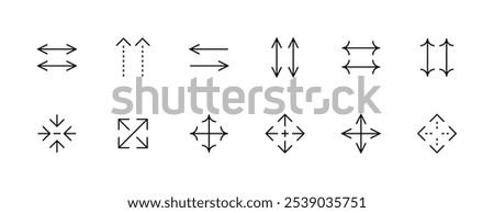 Arrow icon set. Interface arrow icons, direction, navigate, double arrow, different direction, expand, collapse and more. Editable stroke. Pixel Perfect. Grid base 32px.