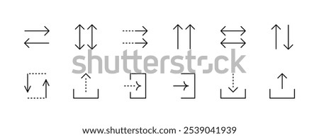 Outline arrow icon collection. Interface arrows, different direction, double arrow, upload, share, export, import, entrance, sort and more. Editable stroke. Pixel Perfect. Grid base 32px.