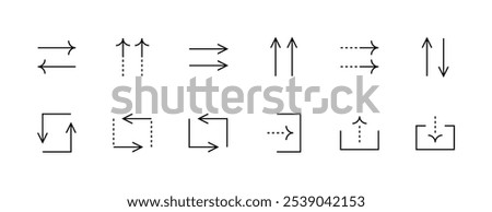 Outline arrow icon collection. Interface arrows, different direction, double arrow, compare, export, import, entrance, sort and more. Editable stroke. Pixel Perfect. Grid base 32px.