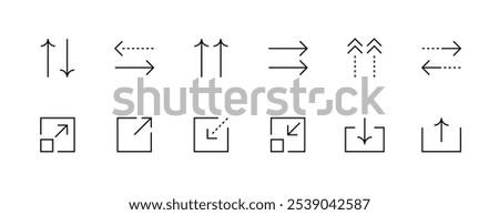 Outline arrow icon collection. Interface arrows, different direction, double arrow, compare, export, import, entrance, sort and more. Editable stroke. Pixel Perfect. Grid base 32px.