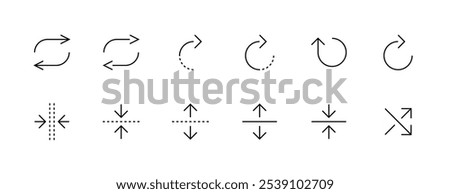 Arrow icon collection. Interface arrows, import, rotate, right curved, circular arrow, loop, reload and more. Editable stroke. Pixel Perfect. Grid base 32px.