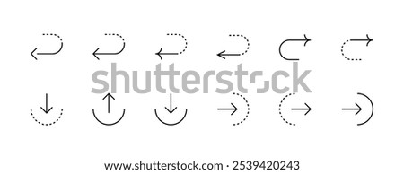 Arrow icon set. Direction arrows, navigate, turn right, turn left, curved right, import, export and more. Editable stroke. Pixel Perfect. Grid base 32px.