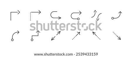 Arrow icon set. Different direction outline arrows, navigation, way-finding, forward, top right, turn right and more. Editable stroke. Pixel Perfect. Grid base 32px.