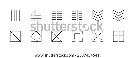 Interface icon collection. Outline user interface icons, edit, hierarchy, checklist, application, text, focus, workspace and more. Editable stroke. Pixel Perfect. Grid base 32px.