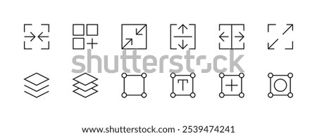 Interface icon collection. User interface icons, enlarge, expand, layer, arrow, add, direction, workspace and more. Editable stroke. Pixel Perfect. Grid base 32px.