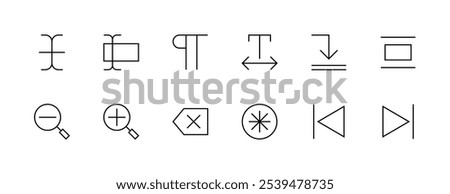 Interface icon collection. User interface icons, text, forward, next, zoom in, zoom out, delete, downward, paragraph and more. Editable stroke. Pixel Perfect. Grid base 32px.