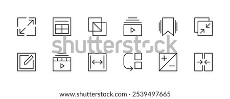Interface icon collection. User interface icons, layout, bookmark, multimedia, edit, expand, collapse, workspace and more. Editable stroke. Pixel Perfect. Grid base 32px.