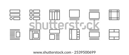 Layout icon collection. Grid icon set. User interface icons, sidebar, layout, grid system, toolbar, wireframe, alignment guide, configuration and more. Editable stroke. Pixel Perfect. Grid base 32px.