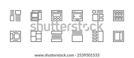 Layout icon collection. Grid icon set. User interface icons, sidebar, layout, grid system, toolbar, wireframe, alignment guide, configuration and more. Editable stroke. Pixel Perfect. Grid base 32px.