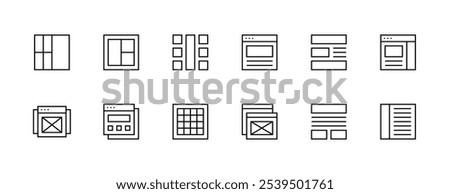 Layout icon collection. Grid icon set. Interface icons, sidebar, layout, grid system, toolbar, wireframe, alignment guide, configuration and more. Editable stroke. Pixel Perfect. Grid base 32px.