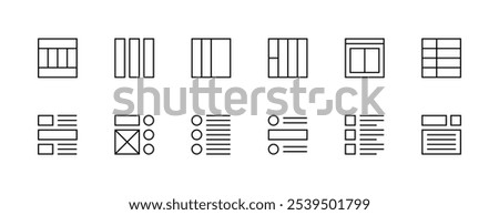 Layout icon collection. Grid icon set. User interface icons, sidebar, layout, grid system, toolbar, wireframe, alignment guide, configuration and more. Editable stroke. Pixel Perfect. Grid base 32px.