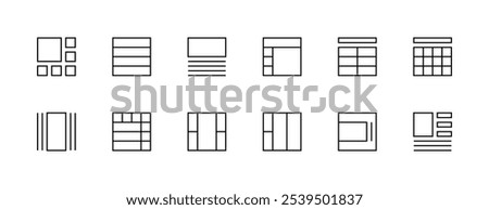 Layout icon collection. Grid icon set. User interface icons, sidebar, layout, grid system, toolbar, wireframe, alignment guide, configuration and more. Editable stroke. Pixel Perfect. Grid base 32px.