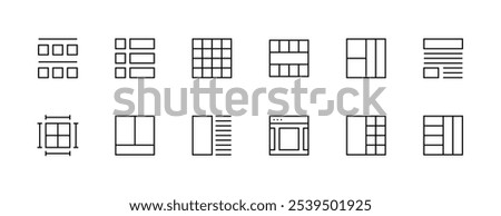 Layout icon collection. Grid icon set. User interface icons, sidebar, layout, grid system, toolbar, wireframe, alignment guide, configuration and more. Editable stroke. Pixel Perfect. Grid base 32px.