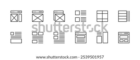 Layout icon collection. Grid icon set. User interface icons, sidebar, layout, grid system, toolbar, wireframe, alignment guide, configuration and more. Editable stroke. Pixel Perfect. Grid base 32px.