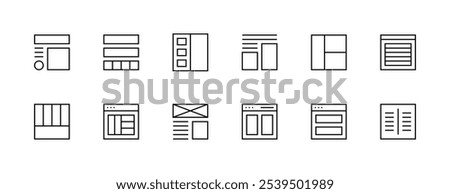 Layout icon collection. Grid icon set. User interface icons, sidebar, layout, grid system, toolbar, wireframe, alignment guide, configuration and more. Editable stroke. Pixel Perfect. Grid base 32px.