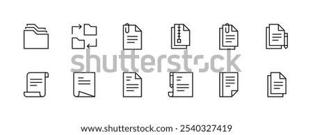 Document icon set. File, folder, page, paperwork, checklist, archive, copywriting, text and more. Editable stroke. Pixel Perfect. Grid base 32px.