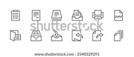 Document icon collection. File, folder, page, paperwork, checklist, archive, attachment and more. Editable stroke. Pixel Perfect. Grid base 32px.