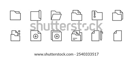 Paper and document icon collection. File, folder, page, paperwork, blank, sheet, attachment, clipboard and more. Editable stroke. Pixel Perfect. Grid base 32px.