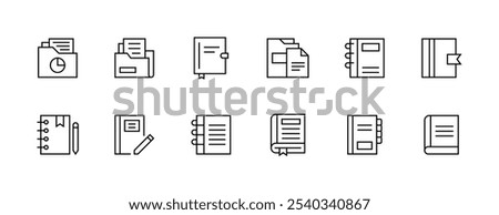 Document and task icon collection. Notepad, file, folder, page, journal, checklist, archive, note, list, book and more. Editable stroke. Pixel Perfect. Grid base 32px.