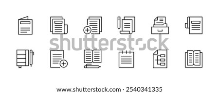 Document and task icon collection. Notepad, file, folder, page, paperwork, checklist, journal, note, list, book and more. Editable stroke. Pixel Perfect. Grid base 32px.