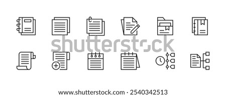 Document and task icon collection. Notepad, file, text, page, paperwork, catalog, calendar, note, list, book and more. Editable stroke. Pixel Perfect. Grid base 32px.