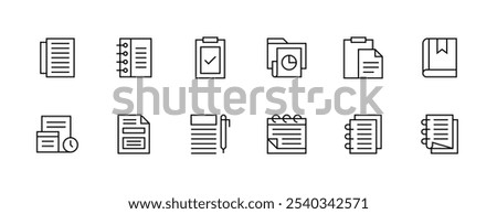 Document and task icon collection. Notepad, file, folder, page, paperwork, checklist, archive, note, list, book and more. Editable stroke. Pixel Perfect. Grid base 32px.