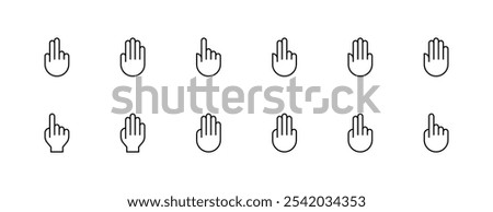 Hand gesture icon set. Gesture, touch, finger interaction, swipe, slide, finger pointer, tap and more. Editable stroke. Pixel Perfect. Grid base 32px.