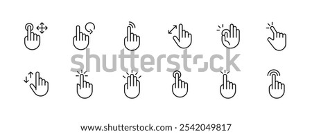 Gesture icon collection. Hand gesture, touch, finger interaction, swipe, slide, finger pointer, tap and more. Editable stroke. Pixel Perfect. Grid base 32px.