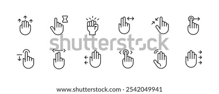 Gesture icon collection. Hand gesture, touch, finger interaction, swipe, slide, finger pointer, tap and more. Editable stroke. Pixel Perfect. Grid base 32px.