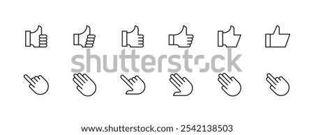 Touch and gestures icon collection. Hand gesture, touch, finger interaction, swipe, slide, finger pointer, tap, thumb up and more. Editable stroke. Pixel Perfect. Grid base 32px.