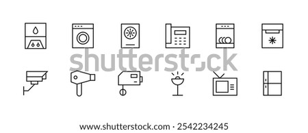 Appliance icon collection. Household icon set. Phone, mixer, hairdryer, security camera, refrigerator, washer, air conditioner and more. Editable stroke. Pixel Perfect. Grid base 32px.