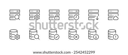 Database icon collection. Server icon set. Storage, cloud, computing, web server, hosting, data center, device and more. Editable stroke. Pixel Perfect. Grid base 32px.