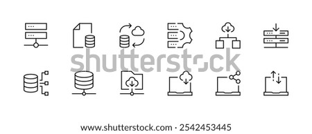 Database icon collection. Server icon set. Storage, cloud, computing, web server, hosting, data center, backup, device and more. Editable stroke. Pixel Perfect. Grid base 32px.