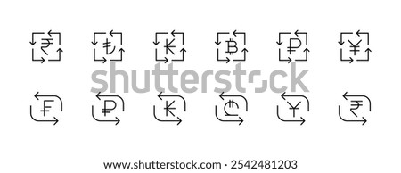 Currency icon collection. Money exchange, rupee, ruble, yuan, frank, lira and more. Editable stroke. Pixel Perfect. Grid base 32px.