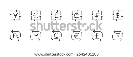 Currency icon collection. Money exchange, dollar, euro, yuan, pound sterling, frank and more. Editable stroke. Pixel Perfect. Grid base 32px.