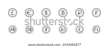 Currency icon collection. Money, coin, dollar, euro, yuan, pound sterling, frank, krone and more. Editable stroke. Pixel Perfect. Grid base 32px.