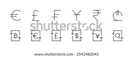 Currency icon collection. Money exchange, dollar, euro, yuan, pound sterling, rupee, frank and more. Editable stroke. Pixel Perfect. Grid base 32px.