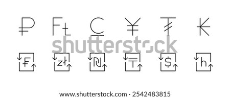 Currency icon collection. Money exchange, dollar, zloty, yuan, new shekel, frank and more. Editable stroke. Pixel Perfect. Grid base 32px.